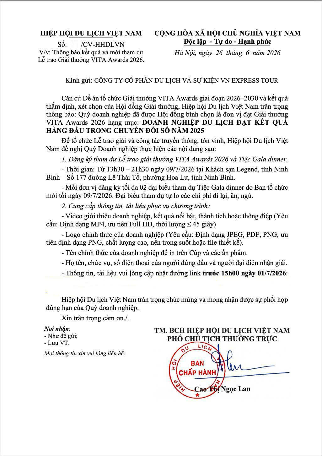 VN EXPRESS TOUR ĐƯỢC VINH DANH TẠI VITA AWARDS 2026 – KHẲNG ĐỊNH VỊ THẾ TIÊN PHONG TRONG CHUYỂN ĐỔI SỐ